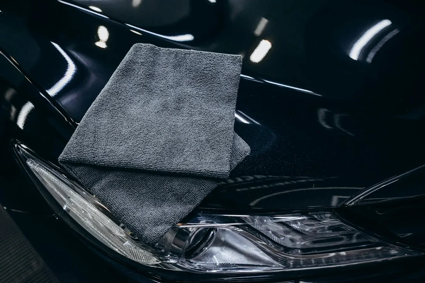 Mikrofasertuch auf einer schwarzen Motorhaube